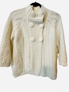 Vertigo Paris Chunky Knit Cardigan Sweater  Cream Mock Neck Button Front Cozy M
